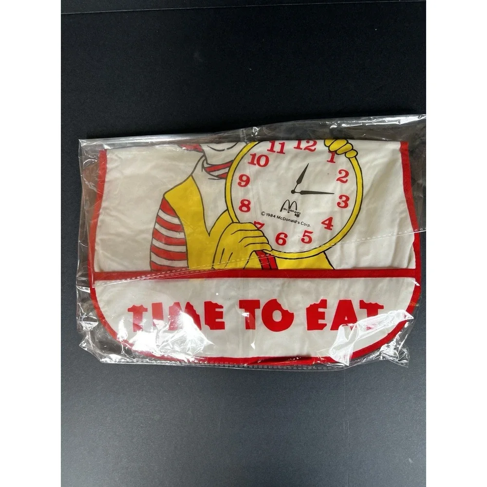 VTG 1984 McDonalds Ronald McDonald Time To Eat Baby Bib Vinyl Terry Cloth‎ 13x11